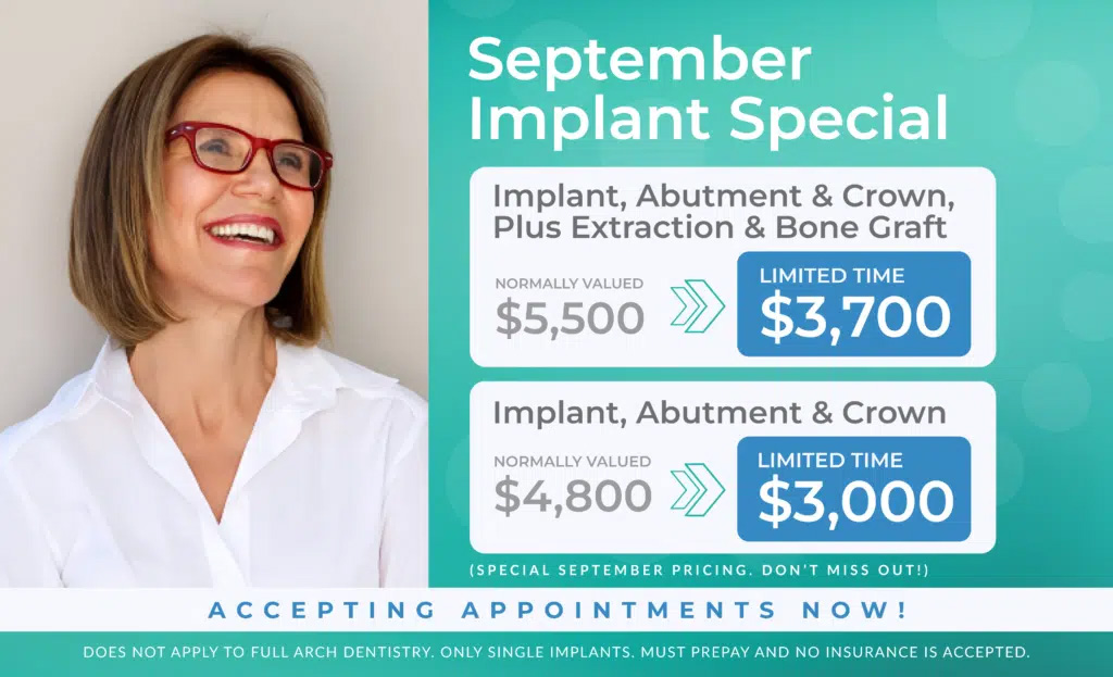 The image features a woman with glasses smiling at the camera, overlaid with text advertising dental implants, including prices for crowns, abutments, plus extraction bone graft, along with an invitation to book appointments now, and a limited time offer of 300 off.